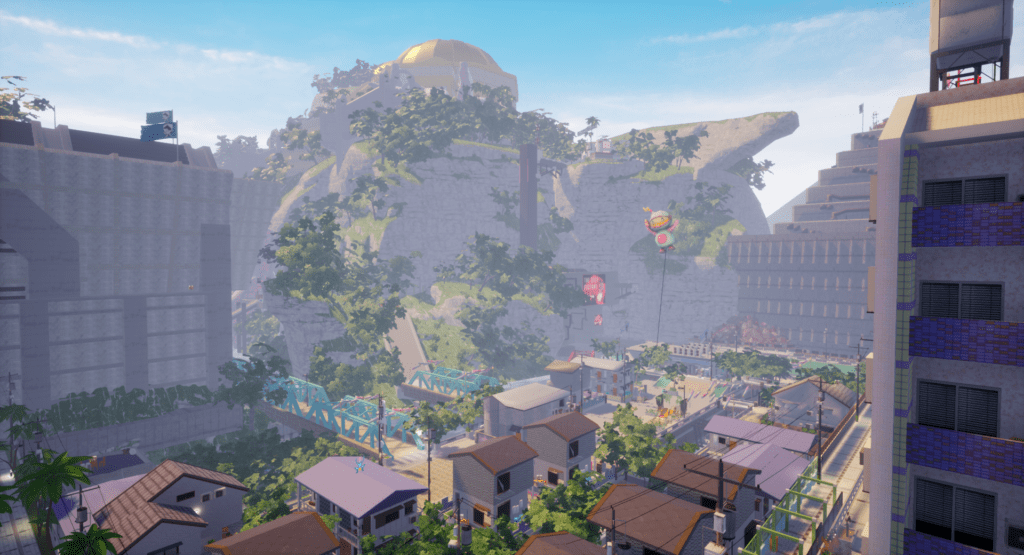 A screen shot of the buildings and mountain in Paradise Killer